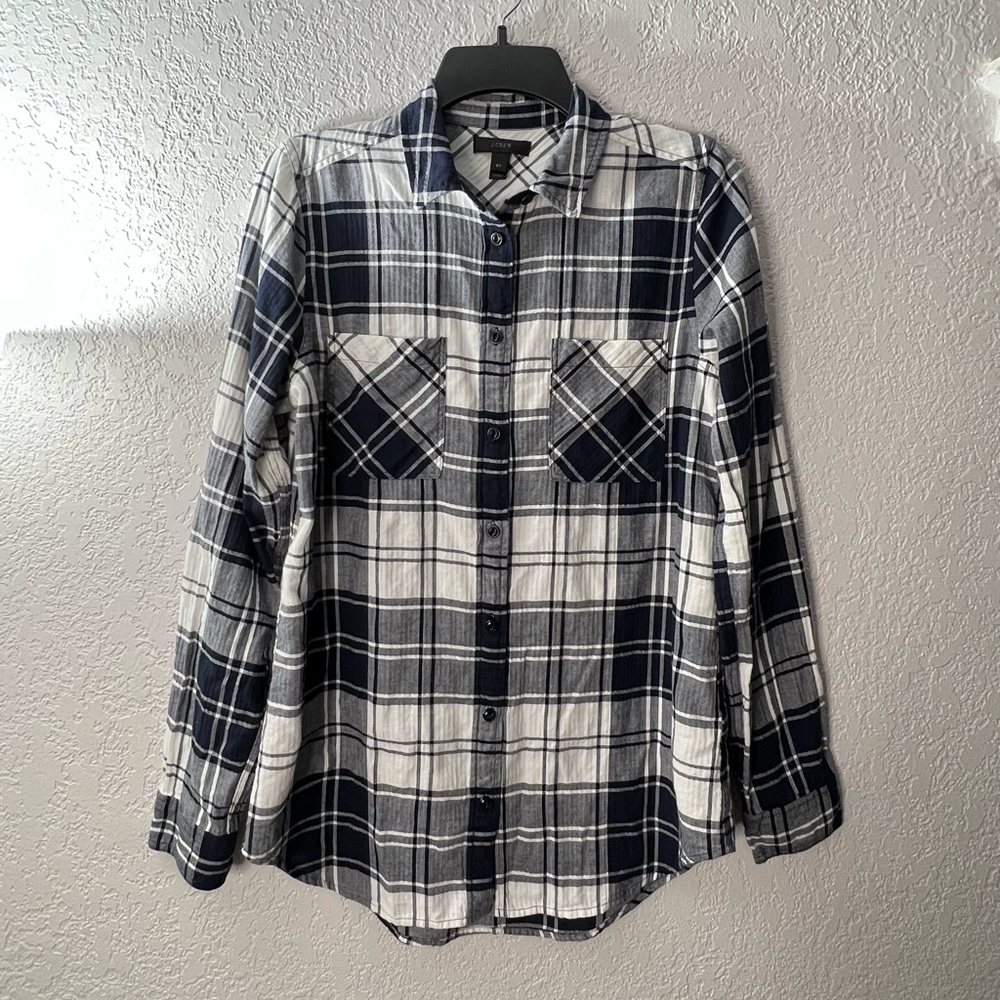 J. Crew Blue White Plaid Button Up Long Sleeves Shirt Casual Women’s Tops 6T